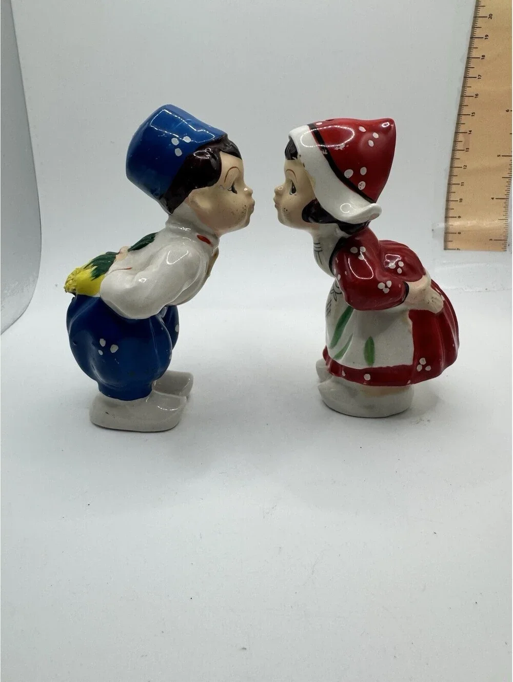 Vintage Salt and Pepper Shakers ~ Kissing Dutch Boy and Girl Japan - Red & Blue